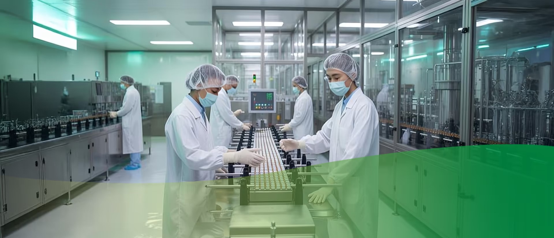 Workers in a sterile environment are manufacturing something.